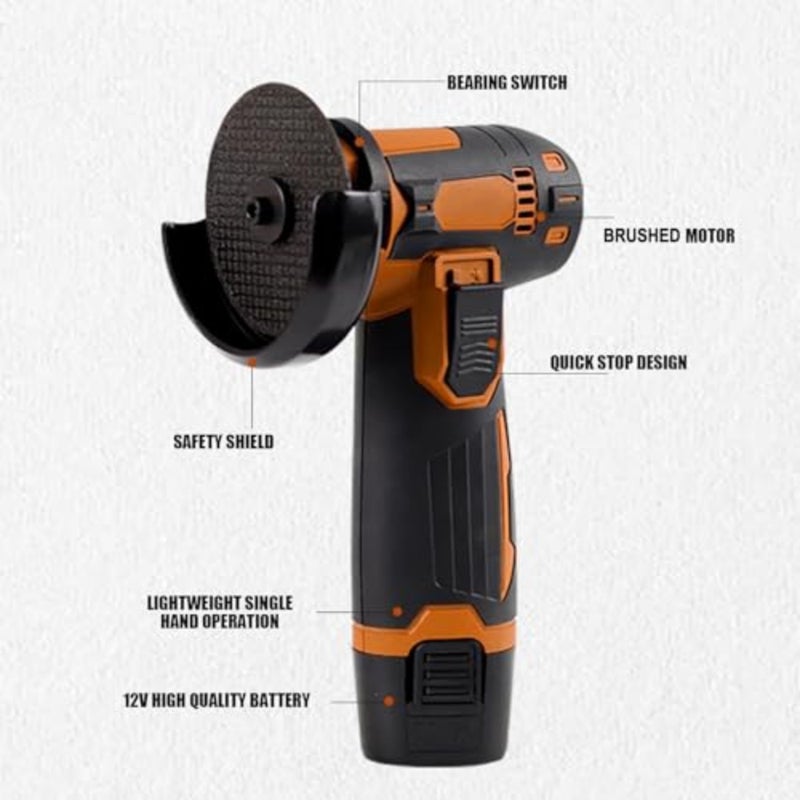 12V Cordless Brush Angle Grinder Kit, Ginding disc 3 Inch76mm, Lightweight Angle Grinder Tool w 2PCS 1300mAh Lithium-Ion Battery Charger, Ergonomic Button Position for Reducing Hand Pressure - Image 5