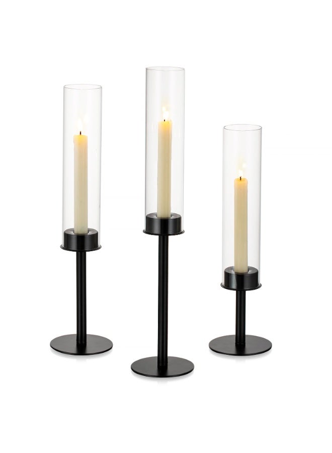 3-Piece Black Metal Taper Candle Holder Set with Glass Cylinder Hurricane - Image 1