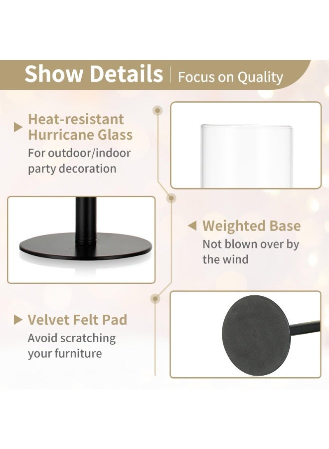 3-Piece Black Metal Taper Candle Holder Set with Glass Cylinder Hurricane - Image 3