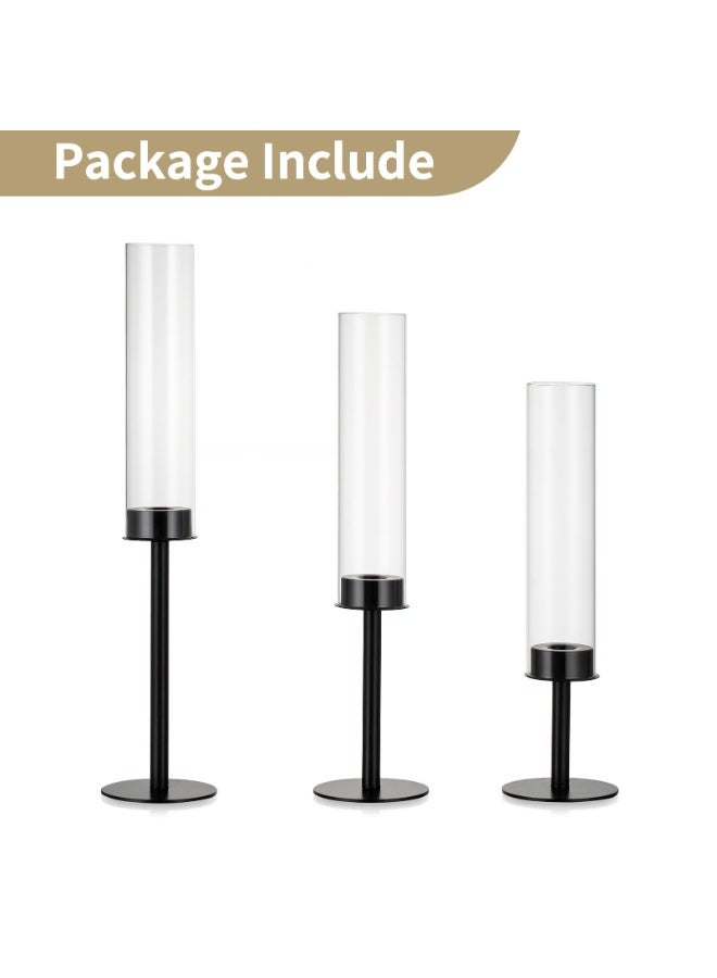 3-Piece Black Metal Taper Candle Holder Set with Glass Cylinder Hurricane - Image 2