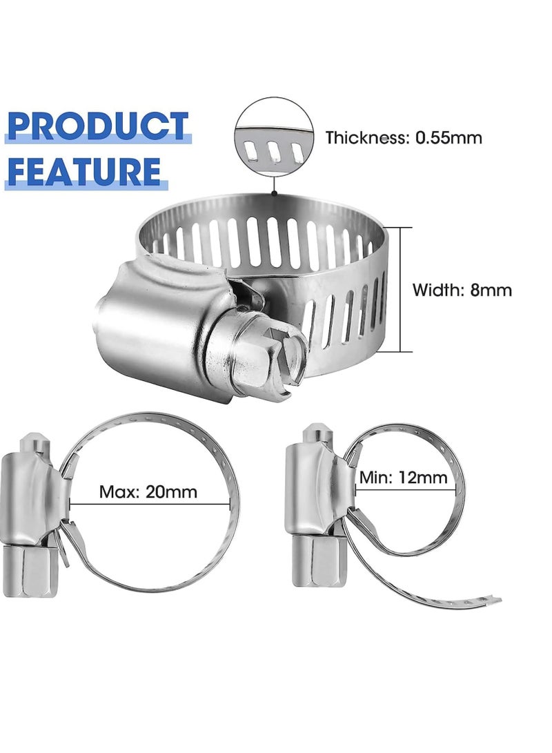 20 PCS Hose Clips Adjustable 10 to 16mm 304 Stainless Steel Hose Clamps Sturdy Anti Rust Hose Screws Pipe Clamps Clips Assortment for Hose Pipe Tube - Image 5
