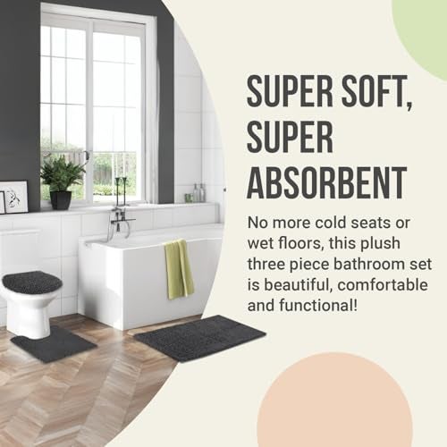 ITSOFT 3pc Non-Slip Shaggy Bathroom Mat Set, Includes 24 x 21 Inches U-Shaped Contour Toilet Rug, 34 x 21 Inches Bathmat and 1 Toilet Lid Cover, Sage Green - Image 4