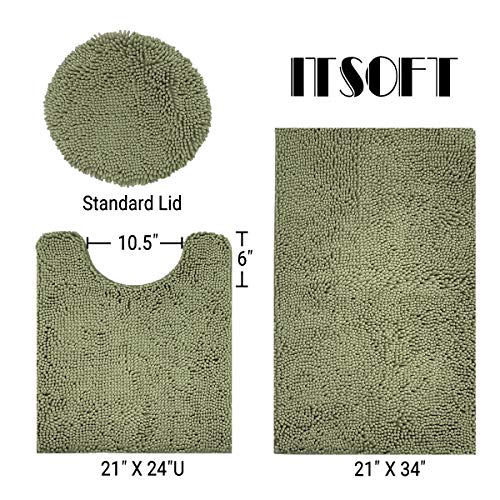 ITSOFT 3pc Non-Slip Shaggy Bathroom Mat Set, Includes 24 x 21 Inches U-Shaped Contour Toilet Rug, 34 x 21 Inches Bathmat and 1 Toilet Lid Cover, Sage Green - Image 3