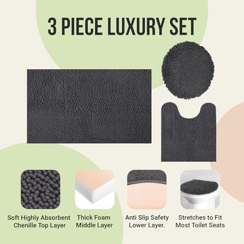 ITSOFT 3pc Non-Slip Shaggy Bathroom Mat Set, Includes 24 x 21 Inches U-Shaped Contour Toilet Rug, 34 x 21 Inches Bathmat and 1 Toilet Lid Cover, Sage Green - Image 2