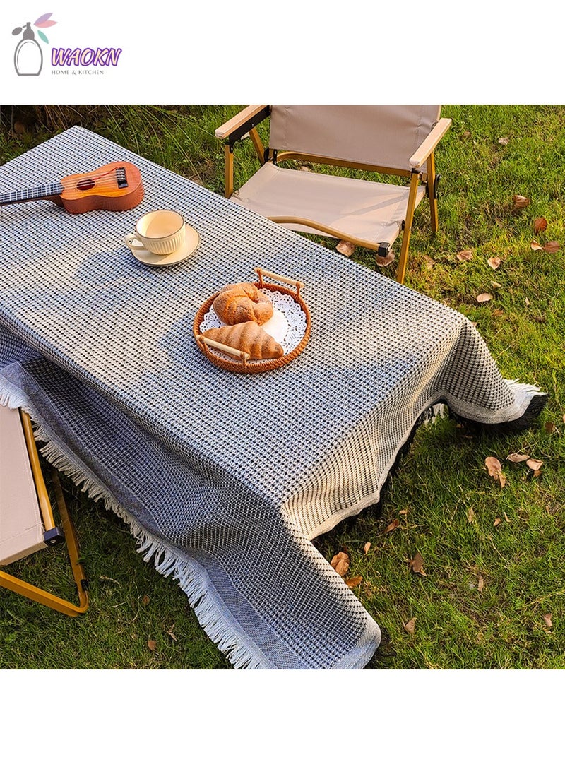 WAOKN Tablecloth Terylene Cotton With Tassel Leisure Shee Picnic Sheet Picnic Mat Northern Europe Foldable Lightweight Large Compact Storage Portable Outdoors Sports Festivals Cherry Blossom Viewing 150 x 90cm Black  - Image 1