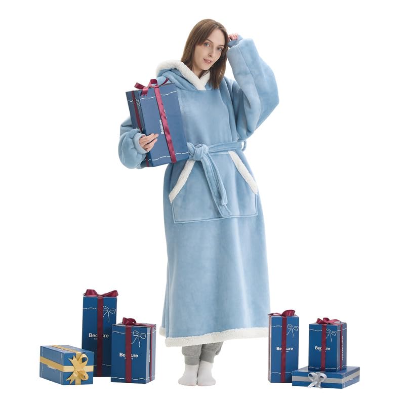 Bedsure Bedsure Wearable Blanket Hoodie Women - Long Sherpa Fleece Hooded Blanket for Adult Women Men  Warm Cozy Blanket Sweatshirt with Giant Pocket and Belt  Winter Gifts for Girlfriend Mom  Standard  Blue  - Image 1
