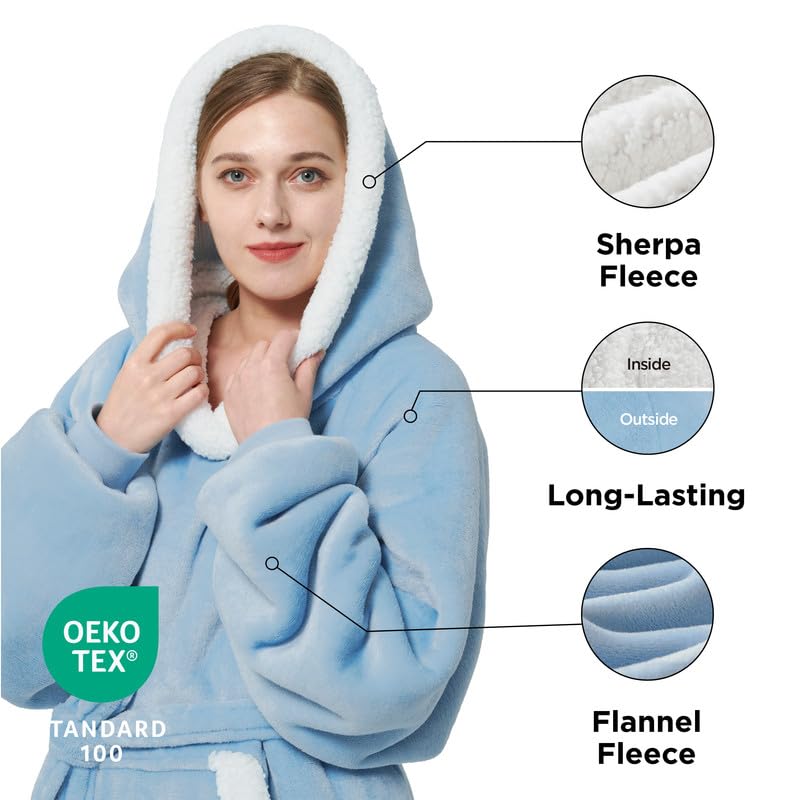 Bedsure Bedsure Wearable Blanket Hoodie Women - Long Sherpa Fleece Hooded Blanket for Adult Women Men  Warm Cozy Blanket Sweatshirt with Giant Pocket and Belt  Winter Gifts for Girlfriend Mom  Standard  Blue  - Image 2