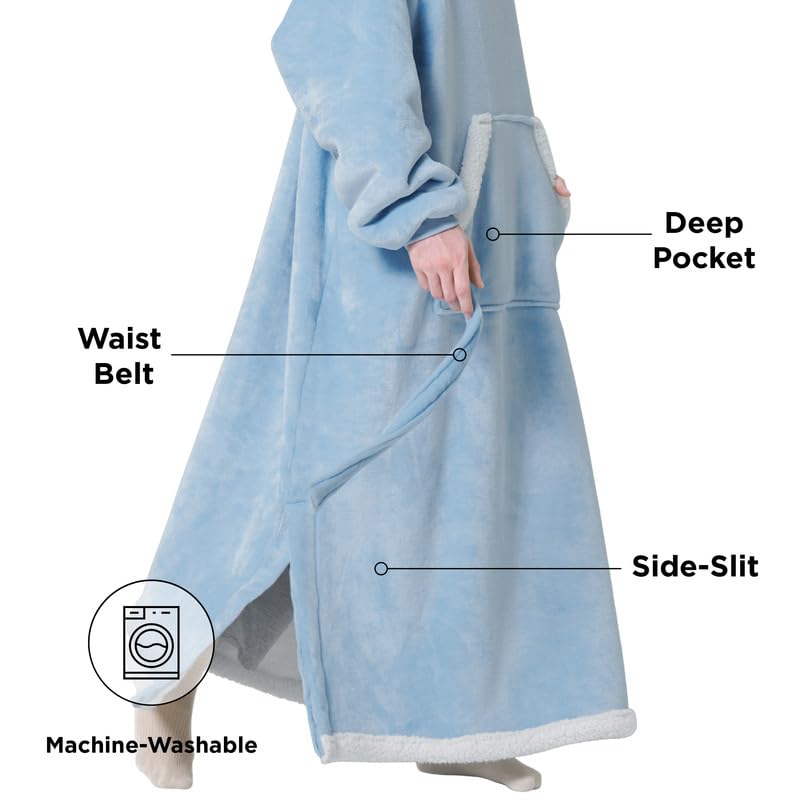 Bedsure Bedsure Wearable Blanket Hoodie Women - Long Sherpa Fleece Hooded Blanket for Adult Women Men  Warm Cozy Blanket Sweatshirt with Giant Pocket and Belt  Winter Gifts for Girlfriend Mom  Standard  Blue  - Image 3