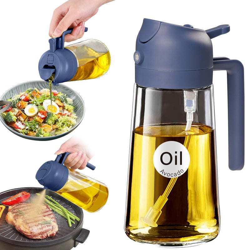 YARRAMATE 16oz470ml Glass Olive Oil Sprayer for Cooking with Stickers 2 in 1 Oil Dispenser for Kitchen Gadgets Food Grade Premium Spray Bottle with Portion Control for Salad BBQ Navy