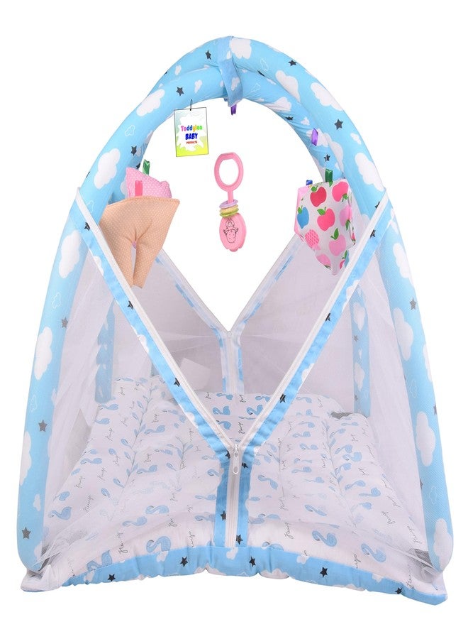 مجموعة توديلون بيبي بلاي جيم لحديثي الولادة | بساط مع ألعاب معلقة | مرتبة مع ناموسية | بساط لعب قطني | بساطات لعب وألعاب أرضية (من 0 إلى 6 أشهر)، قطعة واحدة، أزرق