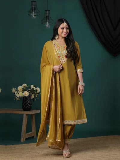 globus Women Floral Yoke Design Regular Thread Work Kurta With Trousers & With Dupatta