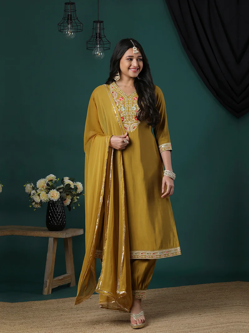 globus Women Floral Yoke Design Regular Thread Work Kurta With Trousers & With Dupatta