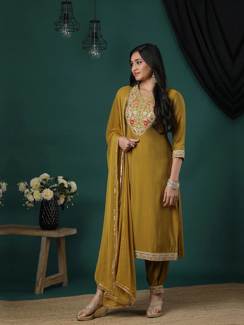 globus Women Floral Yoke Design Regular Thread Work Kurta With Trousers & With Dupatta