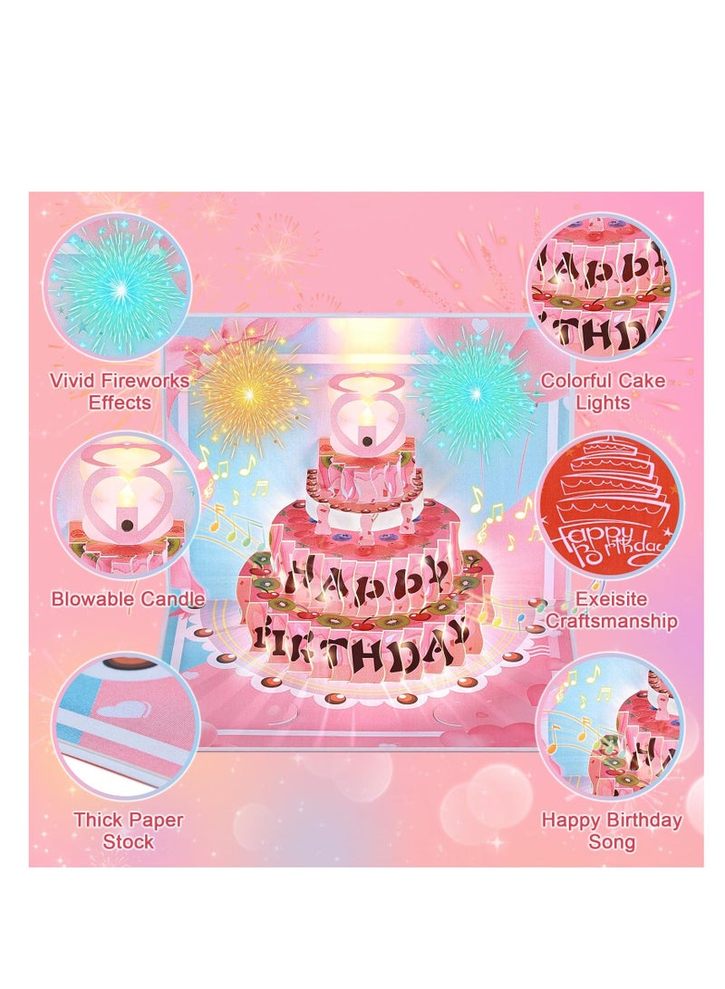 3D Pop Up Birthday Cards for Women, Musical  Light  Blowable Candle Fireworks Light Show Musical Birthday Cards, Birthday Cards for Women Men Husband Wife Kids, Happy Birthday Card with Envelopes - Image 3