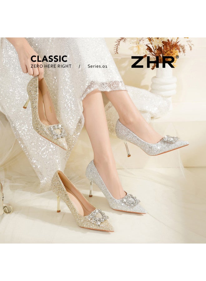 Zhr Zez High Heels Women  New Crystal Stiletto Wedding Shoes Comfortable Pure Fairy Style Single Shoes Ie62 Champagne 38 - Image 1