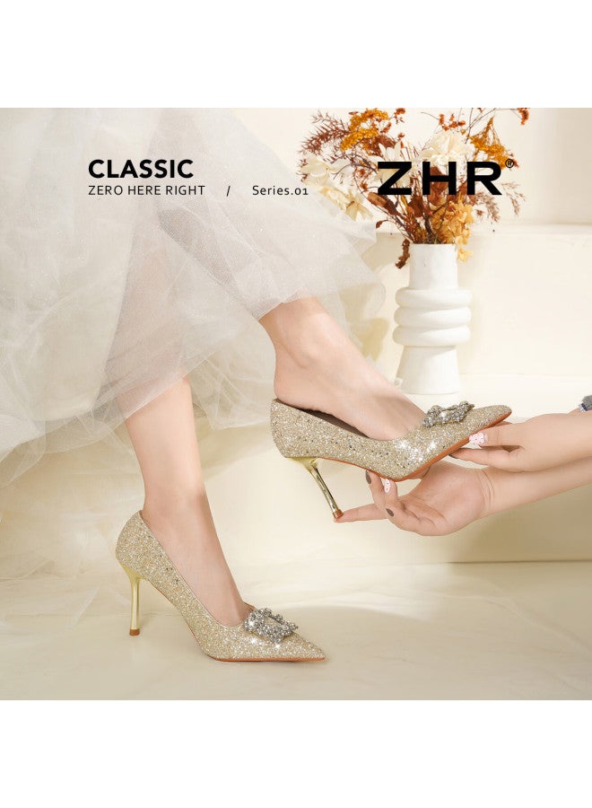 Zhr Zez High Heels Women  New Crystal Stiletto Wedding Shoes Comfortable Pure Fairy Style Single Shoes Ie62 Champagne 38 - Image 5