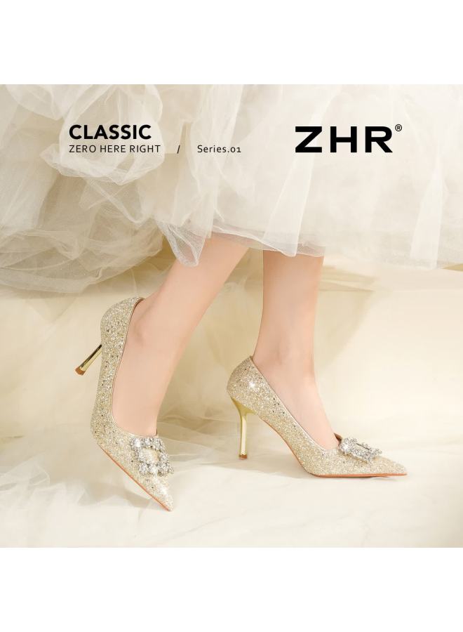 Zhr Zez High Heels Women  New Crystal Stiletto Wedding Shoes Comfortable Pure Fairy Style Single Shoes Ie62 Champagne 38 - Image 2