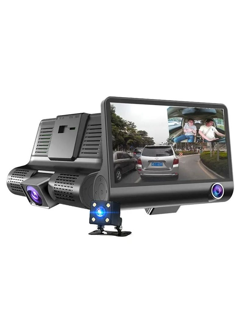 Generic 3 Channel Dash Cam Front and Rear Inside, 4 Inch 1080P Dash Camera for Cars Three Way Triple Car Camera  - Image 1