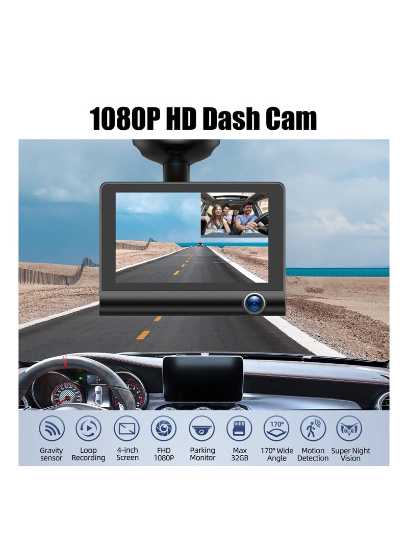 Generic 3 Channel Dash Cam Front and Rear Inside, 4 Inch 1080P Dash Camera for Cars Three Way Triple Car Camera  - Image 3