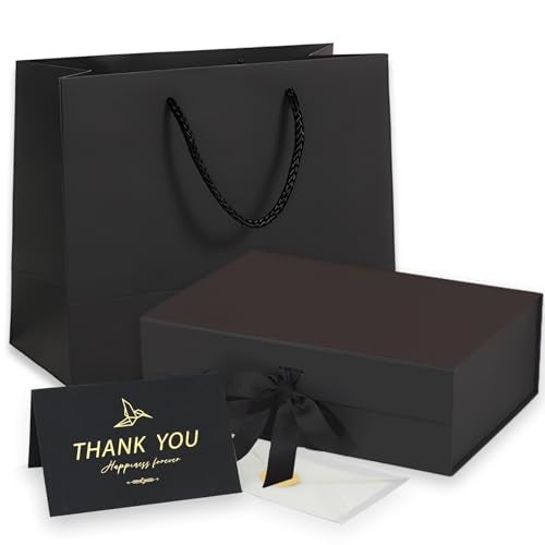 SCORYULE Medium Black Gift Box with Lid, Ribbon, Gift Bag and Greeting Card, 9.4x7x3 Inches, Magnetic Closure, Great for Birthdays, Weddings, Valentine's Day, Christmas Day - Image 1