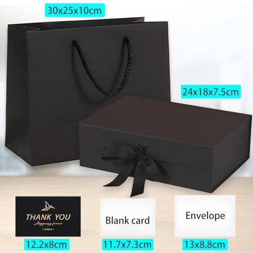 SCORYULE Medium Black Gift Box with Lid, Ribbon, Gift Bag and Greeting Card, 9.4x7x3 Inches, Magnetic Closure, Great for Birthdays, Weddings, Valentine's Day, Christmas Day - Image 2