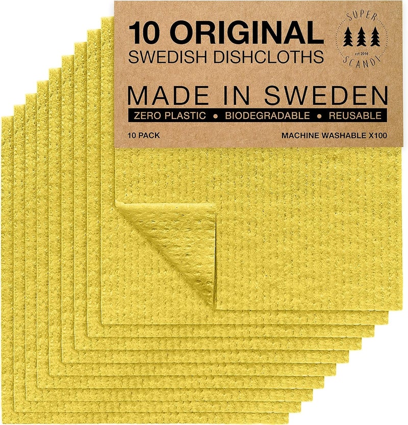 سوبر سكاندي حزمة من 10 مناديل مائدة سويدية من SUPERSCANDI للمطبخ - مناديل ورقية قابلة للتحلل البيولوجي والتسميد بنسبة 100%، قابلة لإعادة الاستخدام، آمنة للطعام وخالية من البلاستيك، لون أصفر - Image 1