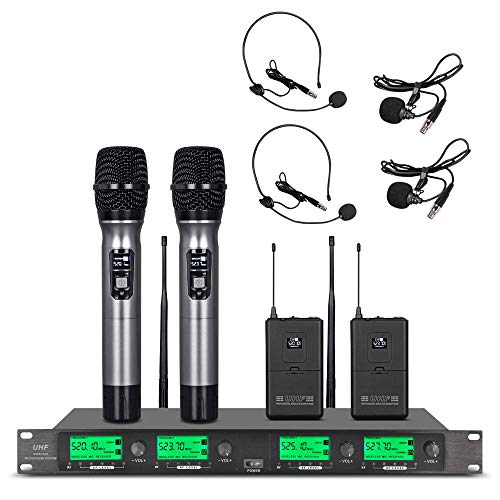WENWEN Wireless Microphone System UHF 4 Channel 2 Handheld Mic 2 Headset 2 Lavalier Bodypack 2 Lapel Mic Pro Karaoke System Speaking Conference Wedding Party - Image 1
