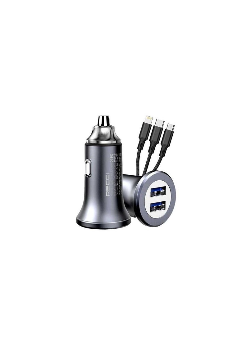 ريتشي - شاحن سيارة Recci RQ01 للسيارة MP3 مع منفذ USB-C ومنفذين USB مع ضوء LED متغير - Image 1
