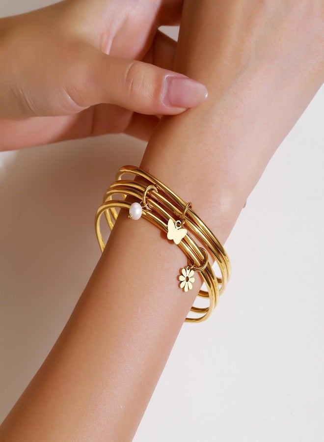 DS Bangle Bracelets for Women 18K Gold Plated Stainless Steel Layering Glossy Stackable Thin Round Wire Cuff Bangle Bracelets Dainty Solid Polished Bracelet Minimalist Jewelry Best Gifts for Love - Image 5