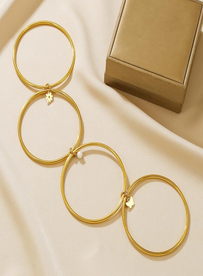 DS Bangle Bracelets for Women 18K Gold Plated Stainless Steel Layering Glossy Stackable Thin Round Wire Cuff Bangle Bracelets Dainty Solid Polished Bracelet Minimalist Jewelry Best Gifts for Love - Image 4