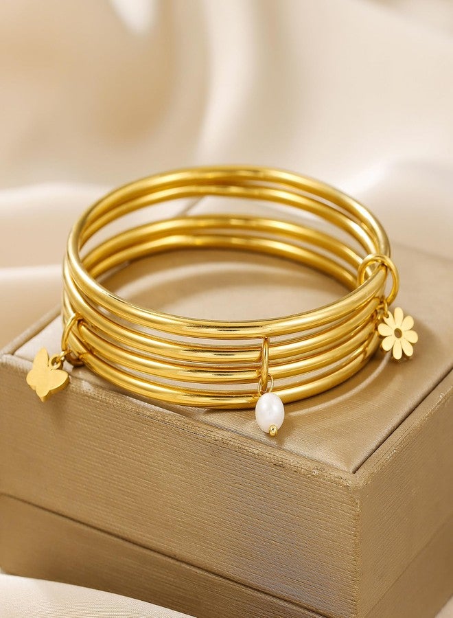 DS Bangle Bracelets for Women 18K Gold Plated Stainless Steel Layering Glossy Stackable Thin Round Wire Cuff Bangle Bracelets Dainty Solid Polished Bracelet Minimalist Jewelry Best Gifts for Love - Image 3