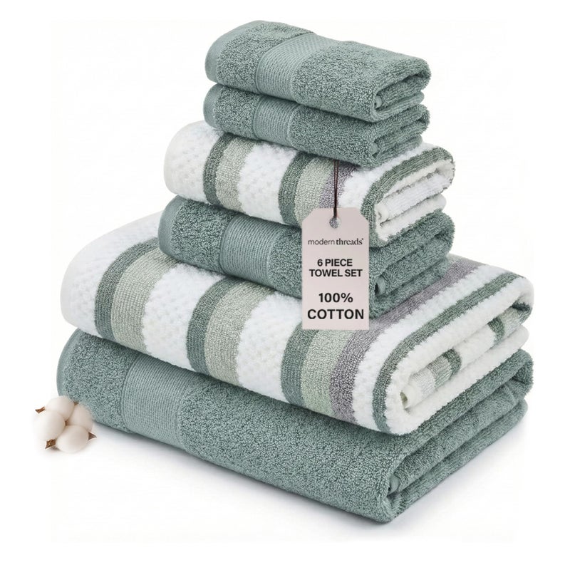 Modern Threads Pax 6-Piece Reversible Yarn Dyed Jacquard Towel Set - Bath Towels, Hand Towels, & Washcloths - Super Absorbent & Quick Dry - 100% Combed Cotton, Ivy - Image 1