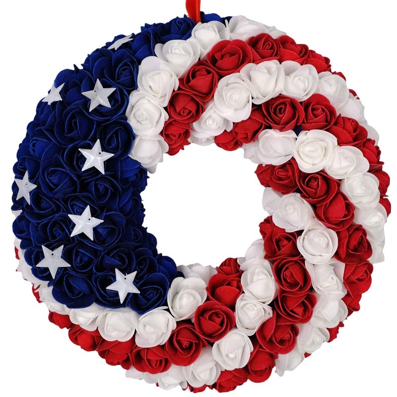 idyllic July 4th Wreath Patriotic Americana Wreath Boxwood Handcrafted Memorial Day Wreath Festival Garland Decoration Front Door Wall Home Decor (Blue) - Image 1