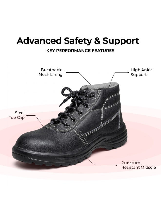 RNS Black High Ankle Genuine Leather Safety Shoes, Oil & Acid Resistant, Slip Resistant Industrial Work Boots, Durable Construction Footwear with Electrical Hazard Protection for Men - Image 1