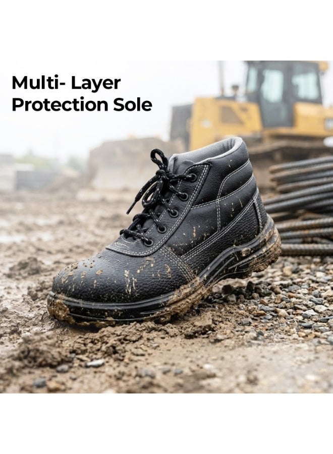 RNS Black High Ankle Genuine Leather Safety Shoes, Oil & Acid Resistant, Slip Resistant Industrial Work Boots, Durable Construction Footwear with Electrical Hazard Protection for Men - Image 4
