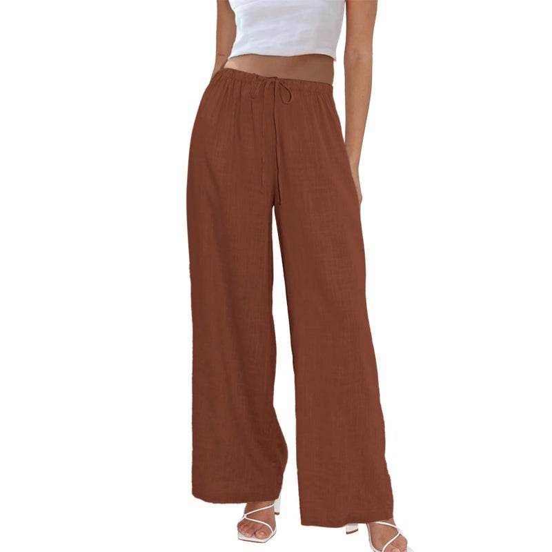 Duyang Womens Cotton Linen Palazzo Pants Drawstring Elastic Waist Casual Wide Leg Trousers with Pockets(Brick Red,L) - Image 1