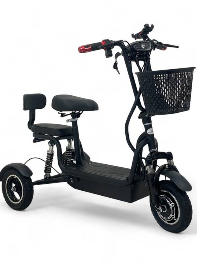 Upgraded 48V three-wheel electric scooter with two seats and a basket - Image 1