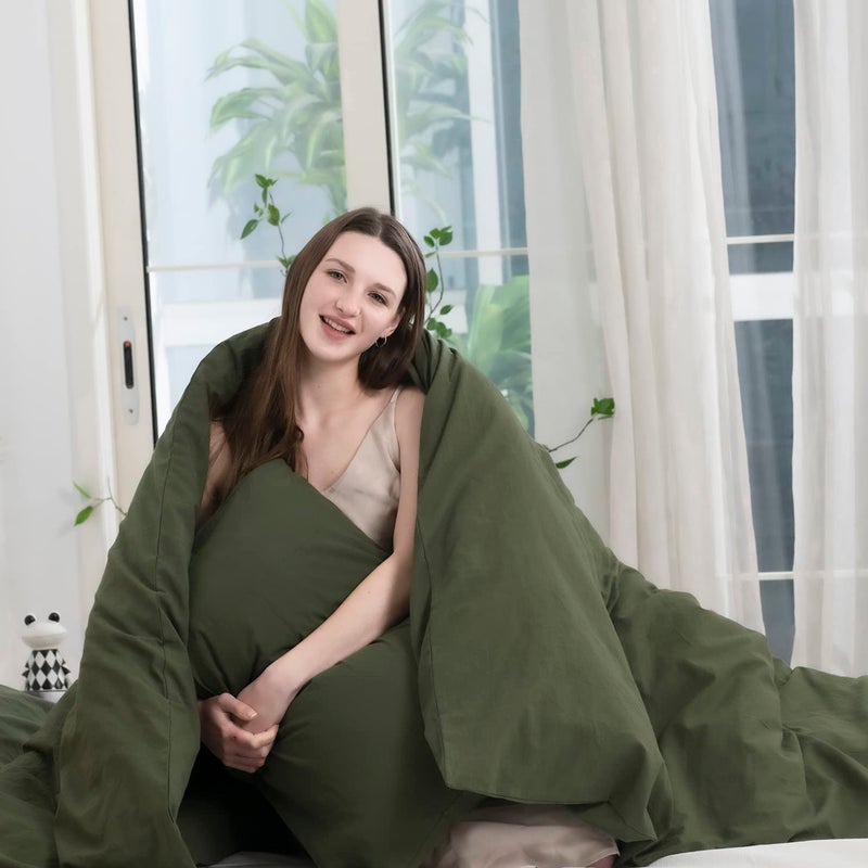 ECOCOTT 3 Pieces Duvet Cover Queen 100% Washed Cotton 1 Duvet Cover with Zipper and 2 Pillowcases, Ultra Soft and Easy Care Breathable Cozy Simple Style Bedding Set (Avocado Green) - Image 5
