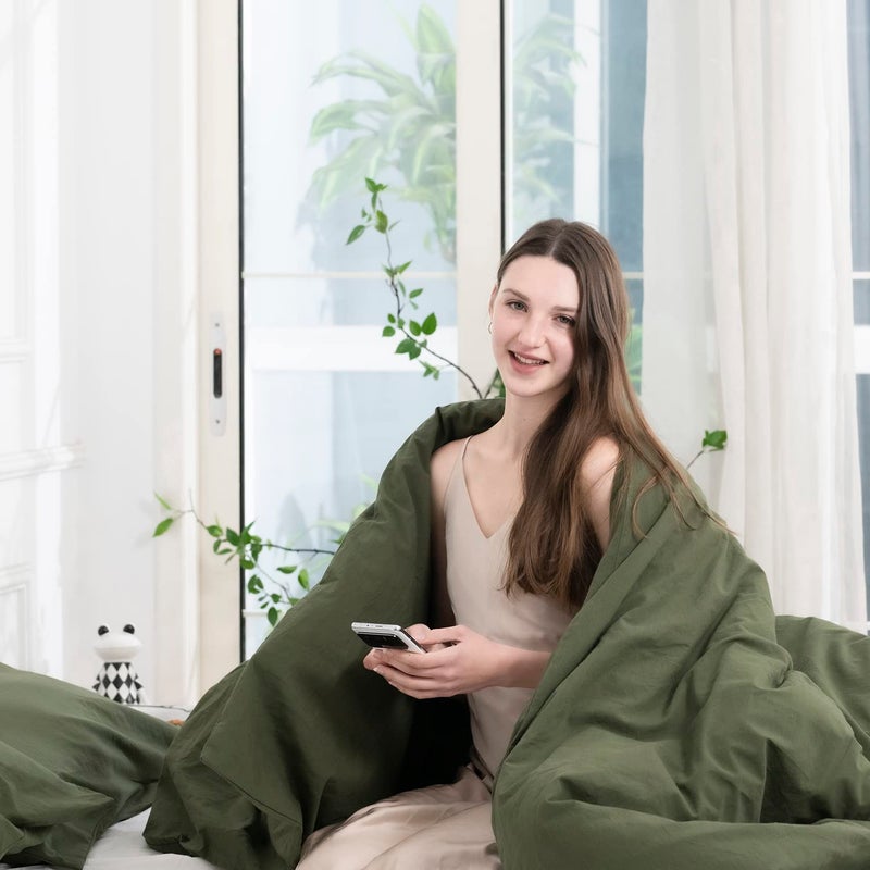 ECOCOTT 3 Pieces Duvet Cover Queen 100% Washed Cotton 1 Duvet Cover with Zipper and 2 Pillowcases, Ultra Soft and Easy Care Breathable Cozy Simple Style Bedding Set (Avocado Green) - Image 4