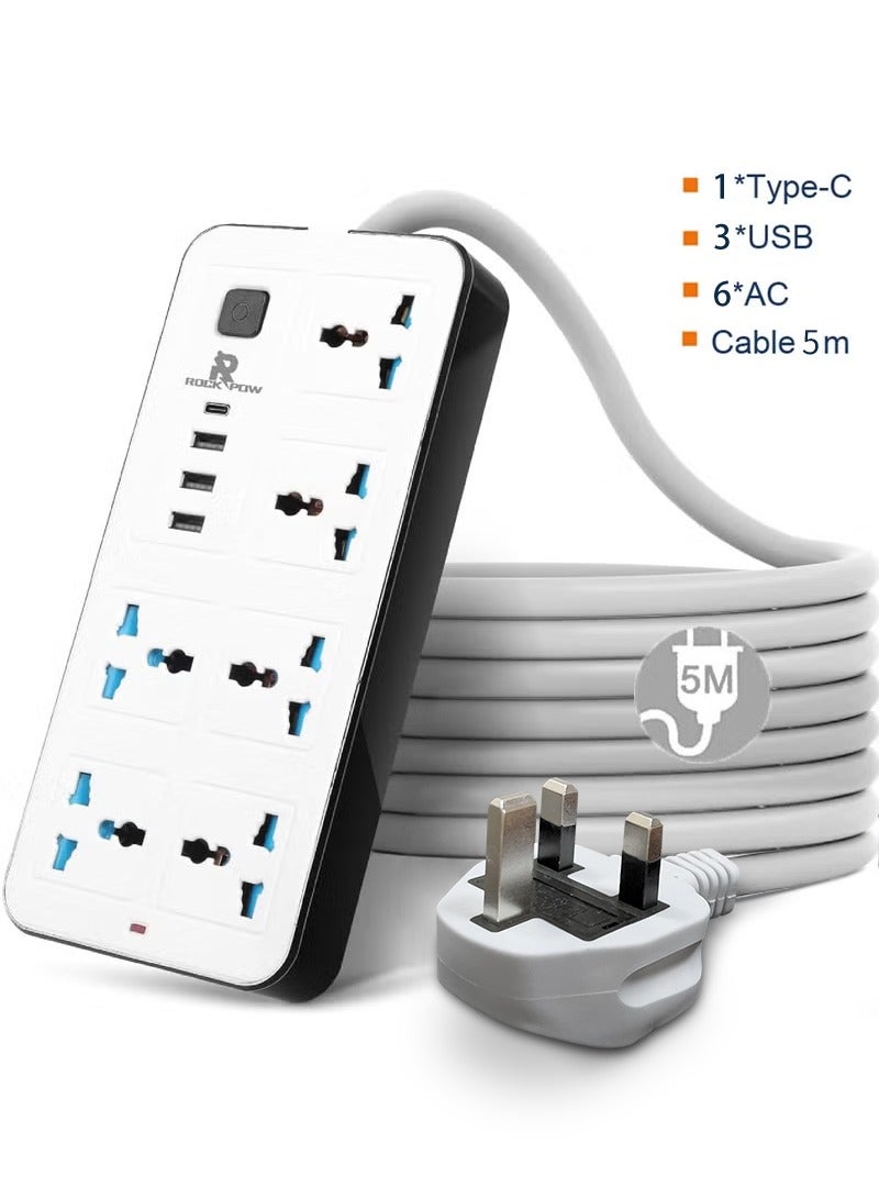 5 meters Universal Extension Cord with 6 Power Socket and 3 USB + 1 PD Slots 6 Way Power Strip with USB type C PD Charging slot Extension Lead 5 meter(6S+3U+1PD 5M)