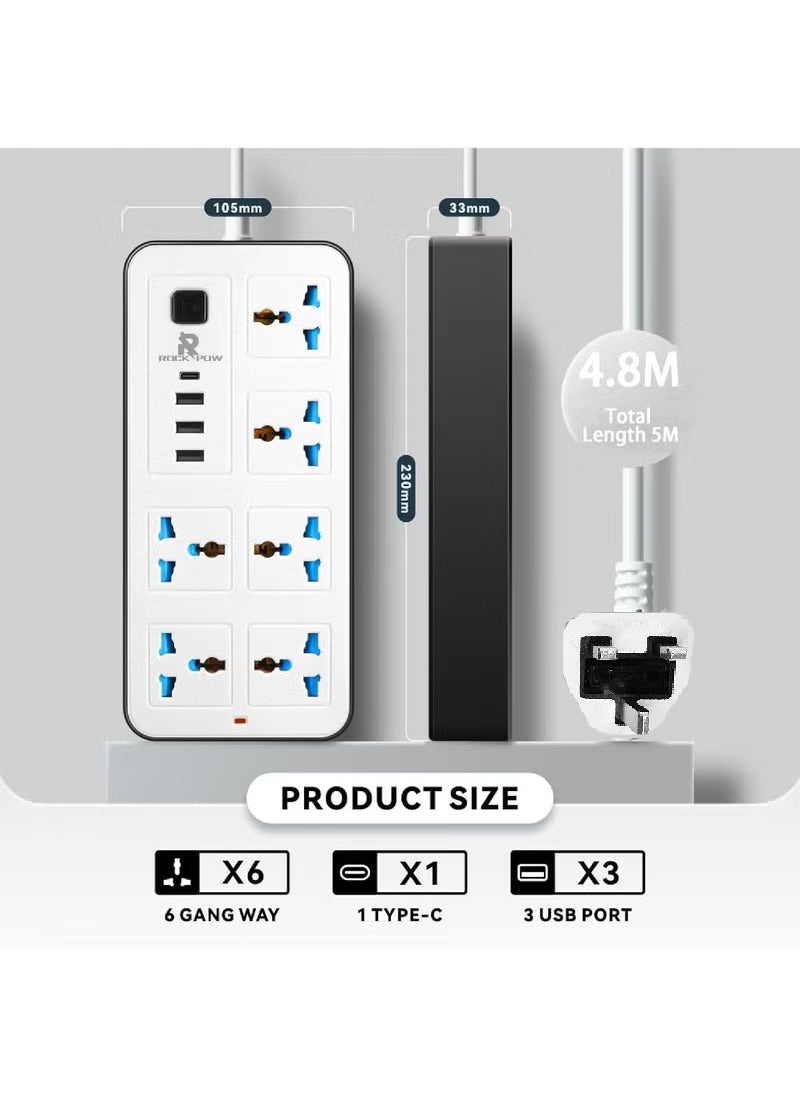 روك بو سلك تمديد عالمي بطول 5 أمتار مع 6 مقابس طاقة و3 فتحات USB + 1 PD وشريط طاقة 6 اتجاهات مع فتحة شحن USB من النوع C PD بطول 5 أمتار (6S+3U+1PD 5M)  - Image 2