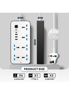 Rock Pow 5 meters Universal Extension Cord with 6 Power Socket and 3 USB + 1 PD Slots 6 Way Power Strip with USB type C PD Charging slot Extension Lead 5 meter(6S+3U+1PD 5M)  - Image 2