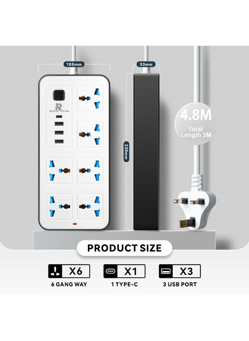 Rock Pow 5 meters Universal Extension Cord with 6 Power Socket and 3 USB + 1 PD Slots 6 Way Power Strip with USB type C PD Charging slot Extension Lead 5 meter(6S+3U+1PD 5M)  - Image 2