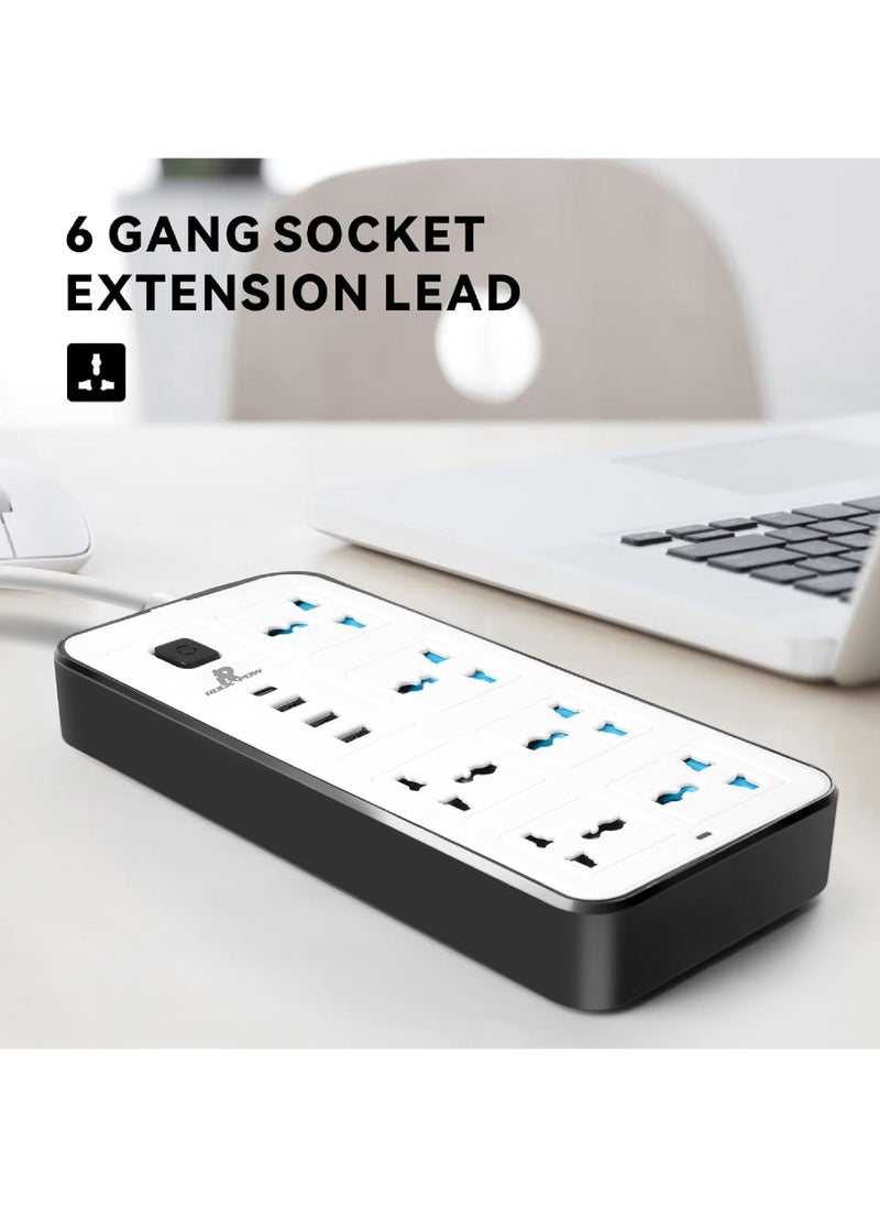 Rock Pow 5 meters Universal Extension Cord with 6 Power Socket and 3 USB + 1 PD Slots 6 Way Power Strip with USB type C PD Charging slot Extension Lead 5 meter(6S+3U+1PD 5M)  - Image 4