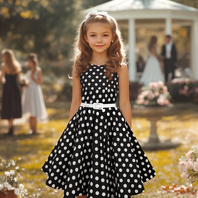 HB HBB MAGIC Girls Vintage Dress 50s Retro Twirling Special Occasion Dresses Size 6-14 Sleeveless Kids Dress Black Polka Dot - Image 2