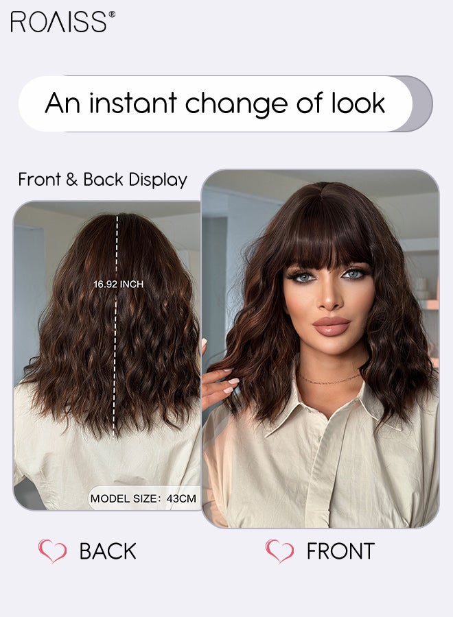 roaiss Short Wavy Bob Wig With Bangs Shoulder Length Wig For Women Brown Curly Synthetic Hair Wig Natural Looking Synthetic Heat Resistant Fibre Wig for Daily Party - Image 4