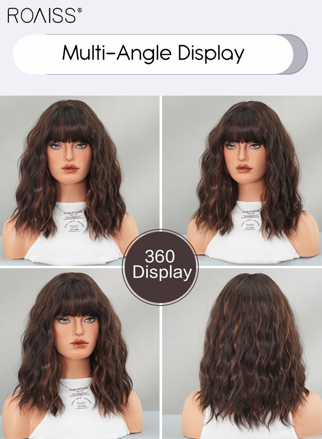 roaiss Short Wavy Bob Wig With Bangs Shoulder Length Wig For Women Brown Curly Synthetic Hair Wig Natural Looking Synthetic Heat Resistant Fibre Wig for Daily Party - Image 2