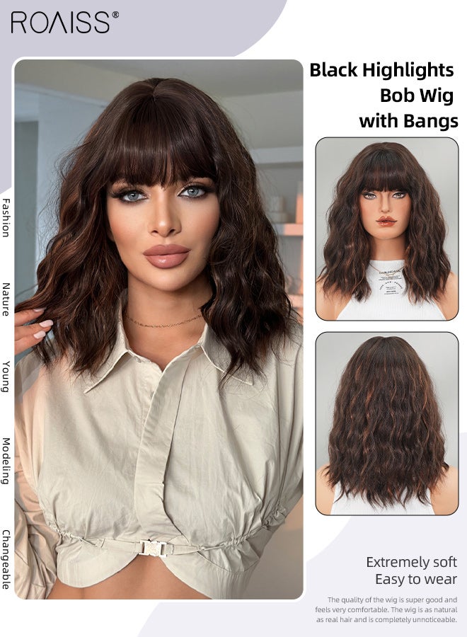 roaiss Short Wavy Bob Wig With Bangs Shoulder Length Wig For Women Brown Curly Synthetic Hair Wig Natural Looking Synthetic Heat Resistant Fibre Wig for Daily Party - Image 1