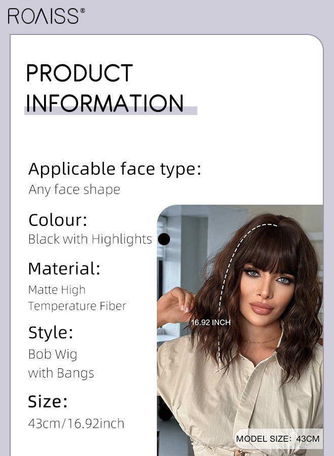 roaiss Short Wavy Bob Wig With Bangs Shoulder Length Wig For Women Brown Curly Synthetic Hair Wig Natural Looking Synthetic Heat Resistant Fibre Wig for Daily Party - Image 3