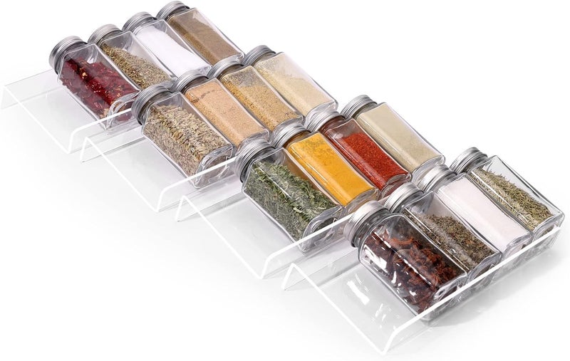 FEELING MALLClear Acrylic Spice Drawer Organizer, 4 Tier- 1 Set Expandable From 13" to 26" Seasoning Jars Drawers Insert, Kitchen Spice Rack Tray for Drawer/Countertop - Image 1